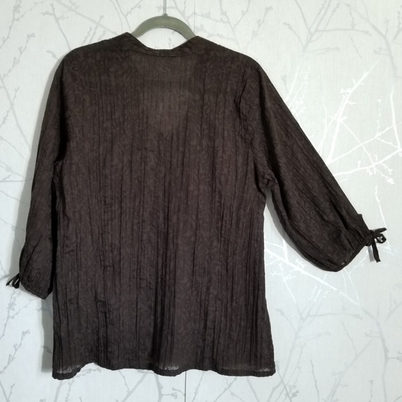 Michel Antoni Brown Sheer Burnout Crinkle Button Up Blouse 3/4 Sleeves - Picture 5 of 6